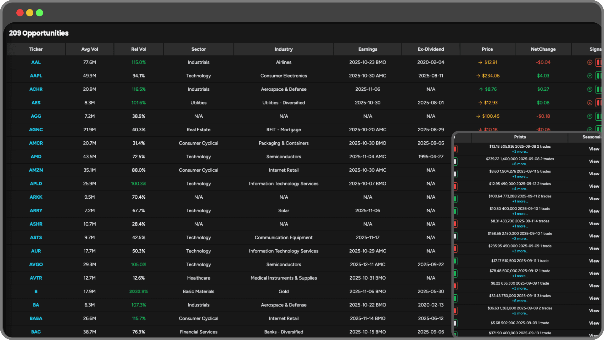 Moby Tick Opportunities Scanner for filtering stocks with significant institutional activity