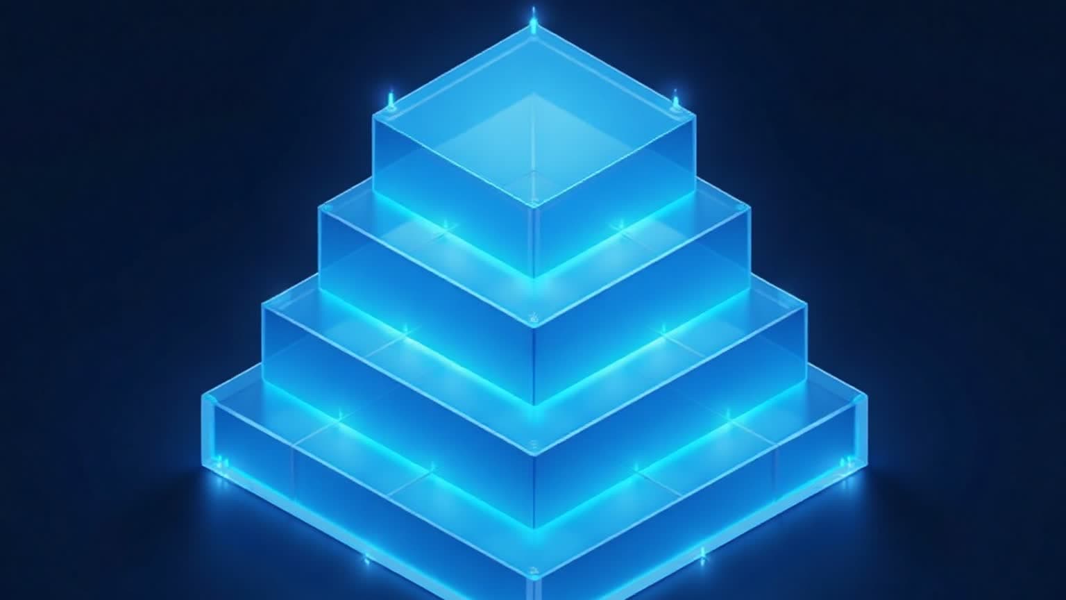 Layered infrastructure diagram of a stock exchange building resolving into blockchain blocks